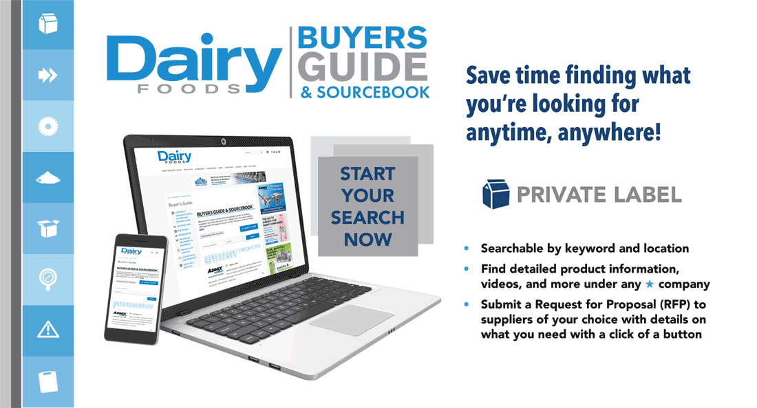 Advertisement for Dairy Foods Buyers Guide, shown on laptop & phone, highlighting search features.