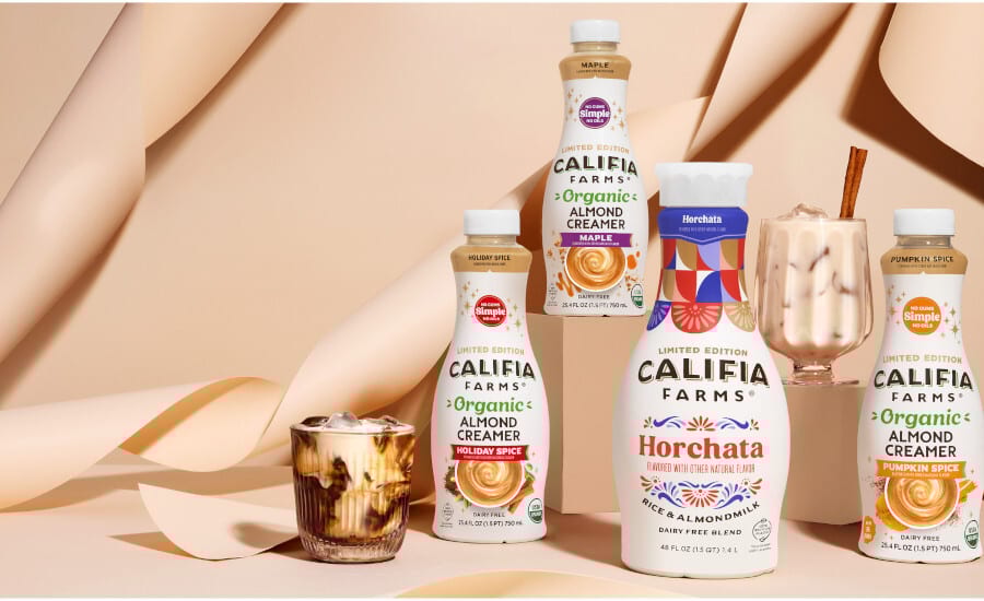 Califia Farms dairy-free creamers and Horchata in bottles, with two iced drinks.