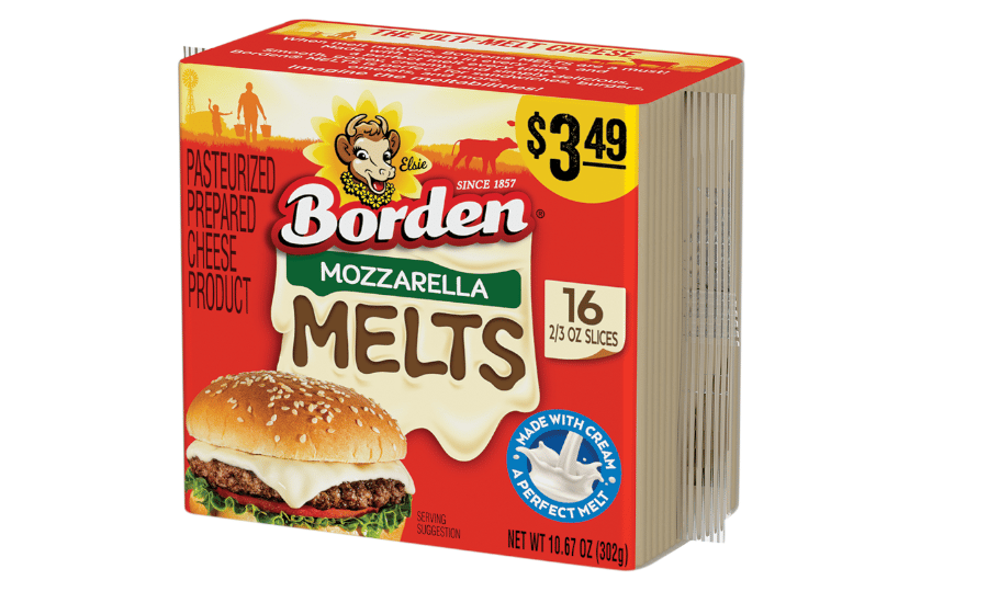 Borden Mozzarella Melts cheese product package with 16 slices.