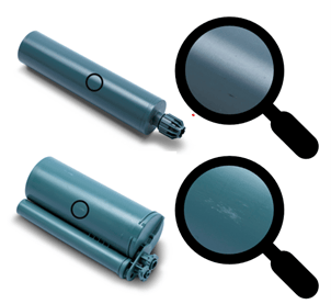 Two magnified teal cylinders: top with subtle marks, bottom with deep scratches.