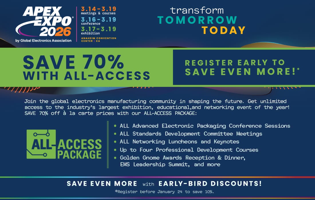 Ad for APEX EXPO 2026, Mar 14-19, Anaheim. Save 70% with All-Access & early bird deals.