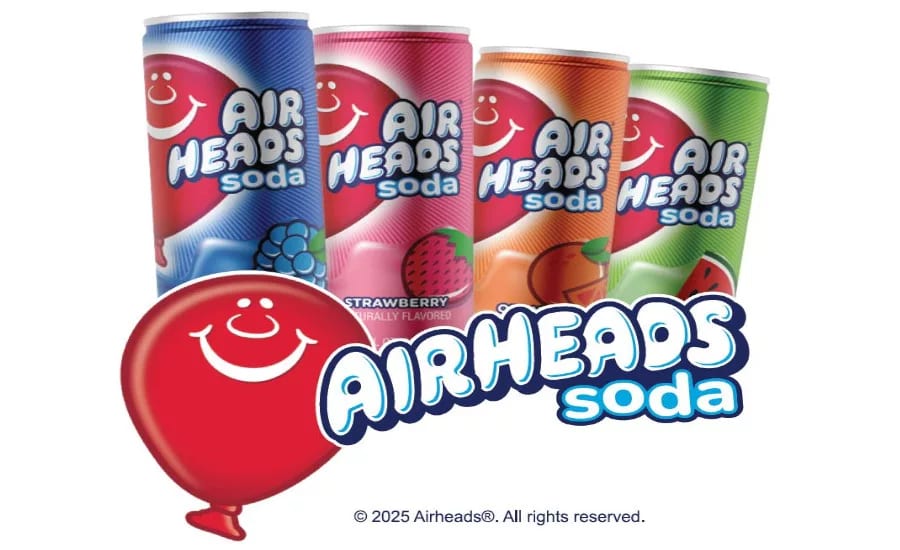 Four Air Heads soda cans (Blue Raspberry, Strawberry, Orange, Watermelon) and logo.