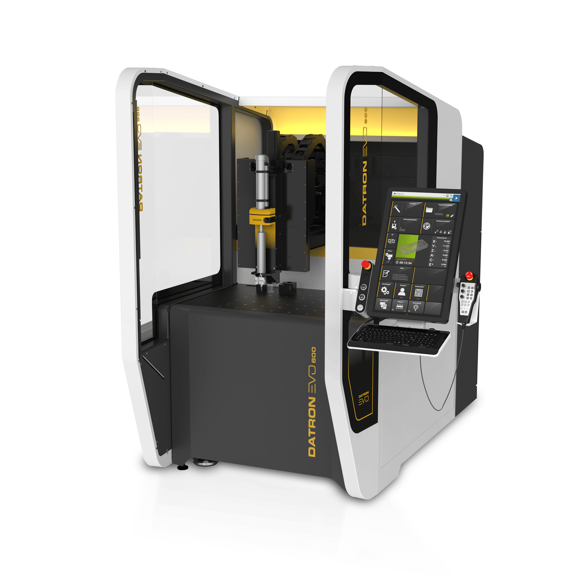 A Datron EVO 600 CNC machine, white and grey with yellow accents, and a clear touchscreen control.