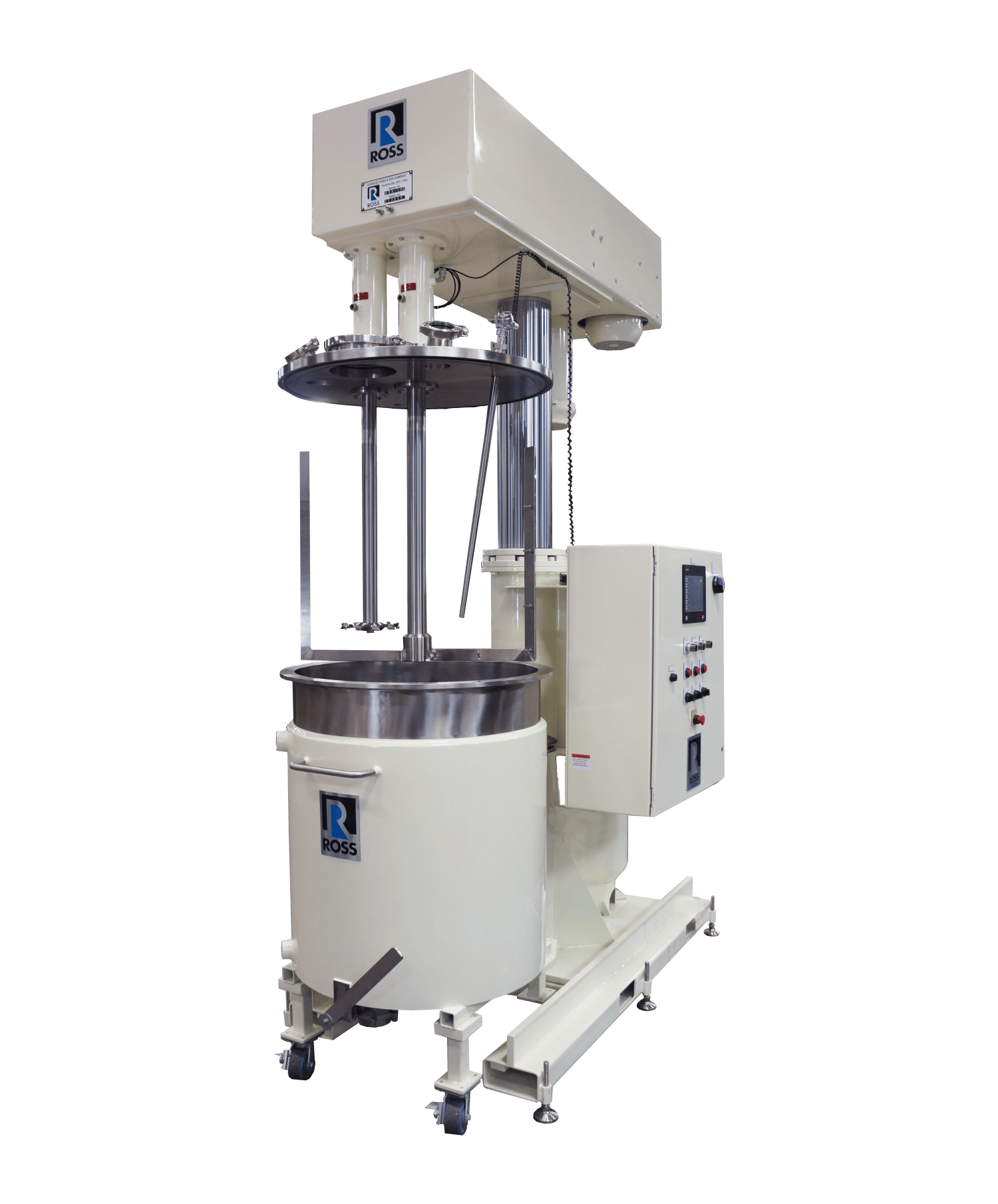 Cream-colored industrial ROSS multi-shaft mixer with stainless steel parts.