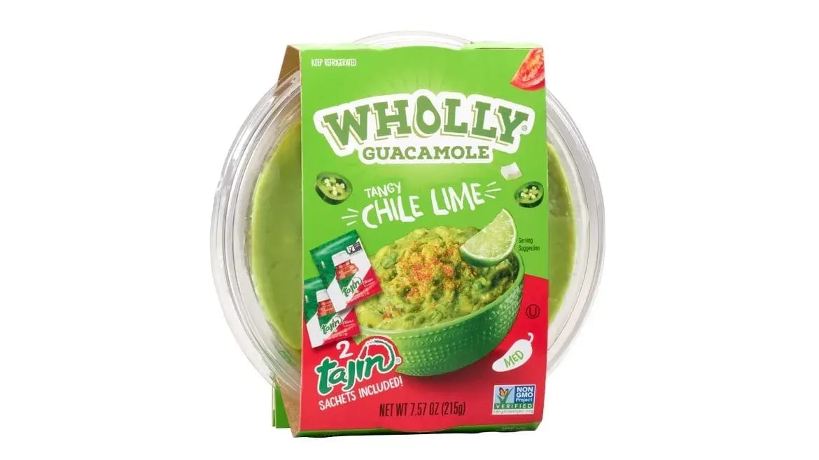 Wholly Guacamole Tangy Chile Lime, 7.57 oz, with 2 Tajin sachets, in green and clear packaging.