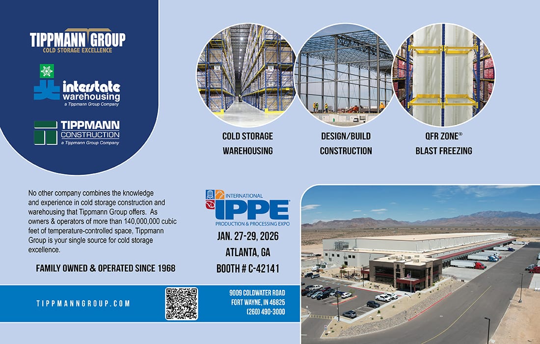 Tippmann Group ad: cold storage, construction, blast freezing services. Includes IPPE expo details.