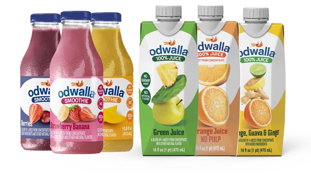 Six Odwalla drinks: three smoothies in bottles (Berries, Strawberry Banana, Mango) and three juices in cartons (Green, Orange, Orange Guava Ginger).