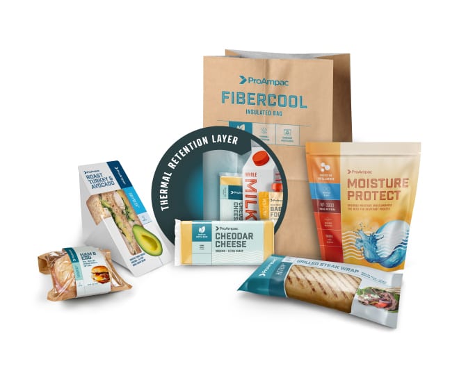 ProAmpac food packaging products: insulated bag, moisture protect pouch, sandwich, cheese.