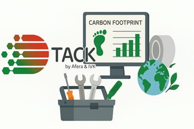 TACK logo, carbon footprint monitor, toolbox, earth, and tape for sustainable industry solutions.