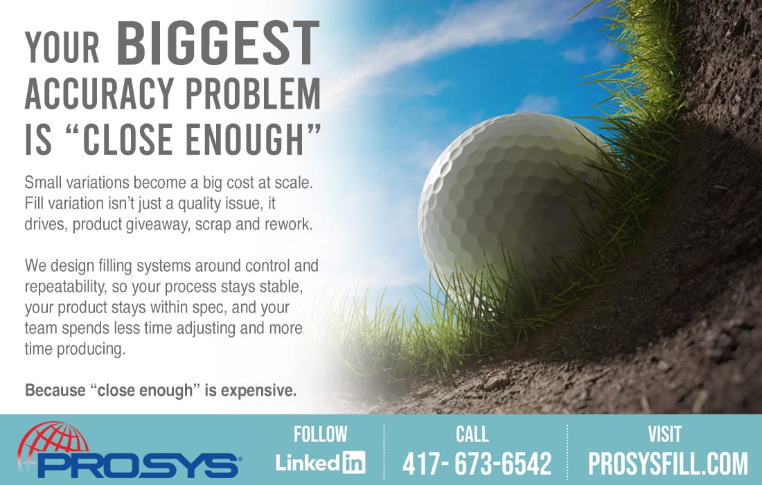 Ad for PROSYS filling systems, showing a golf ball near a hole, highlighting that 'close enough' is expensive for accuracy.