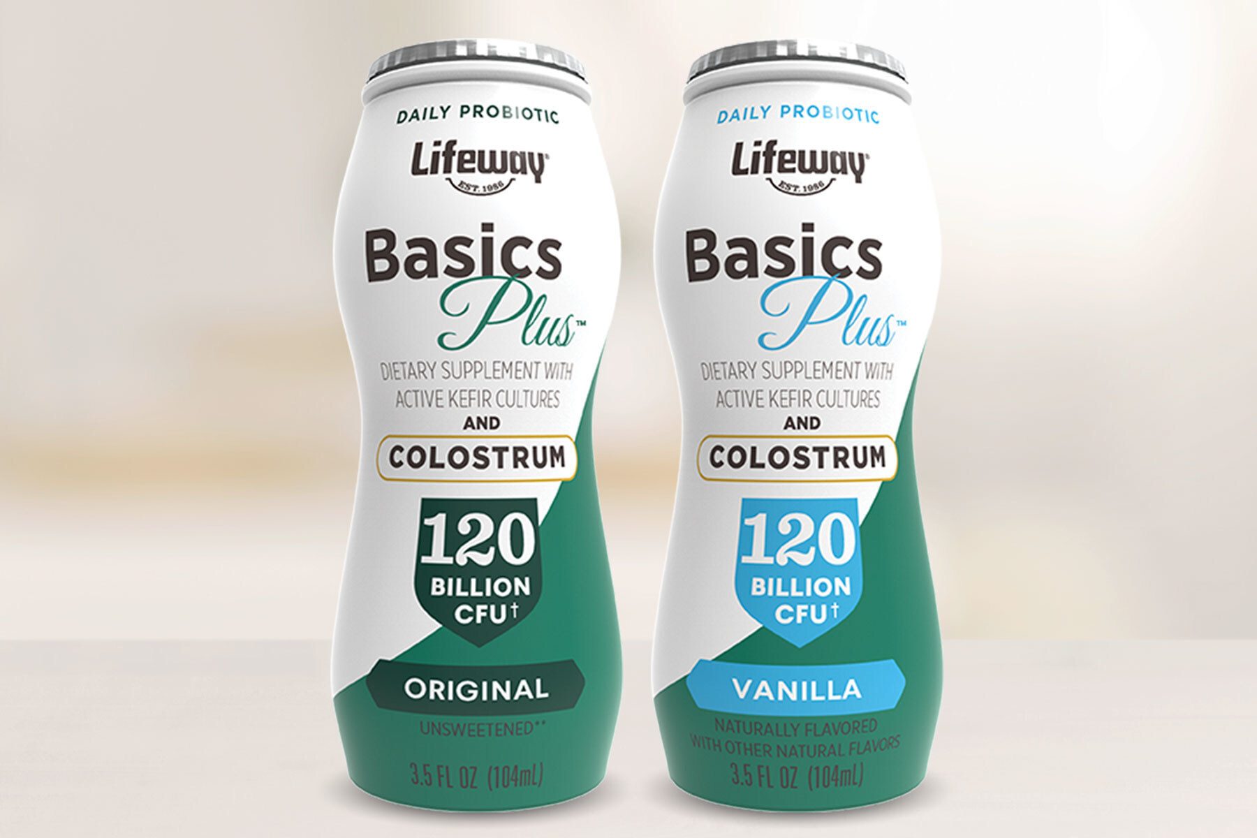 Two Lifeway Basics Plus probiotic drinks: Original (green) and Vanilla (blue), with kefir and colostrum.