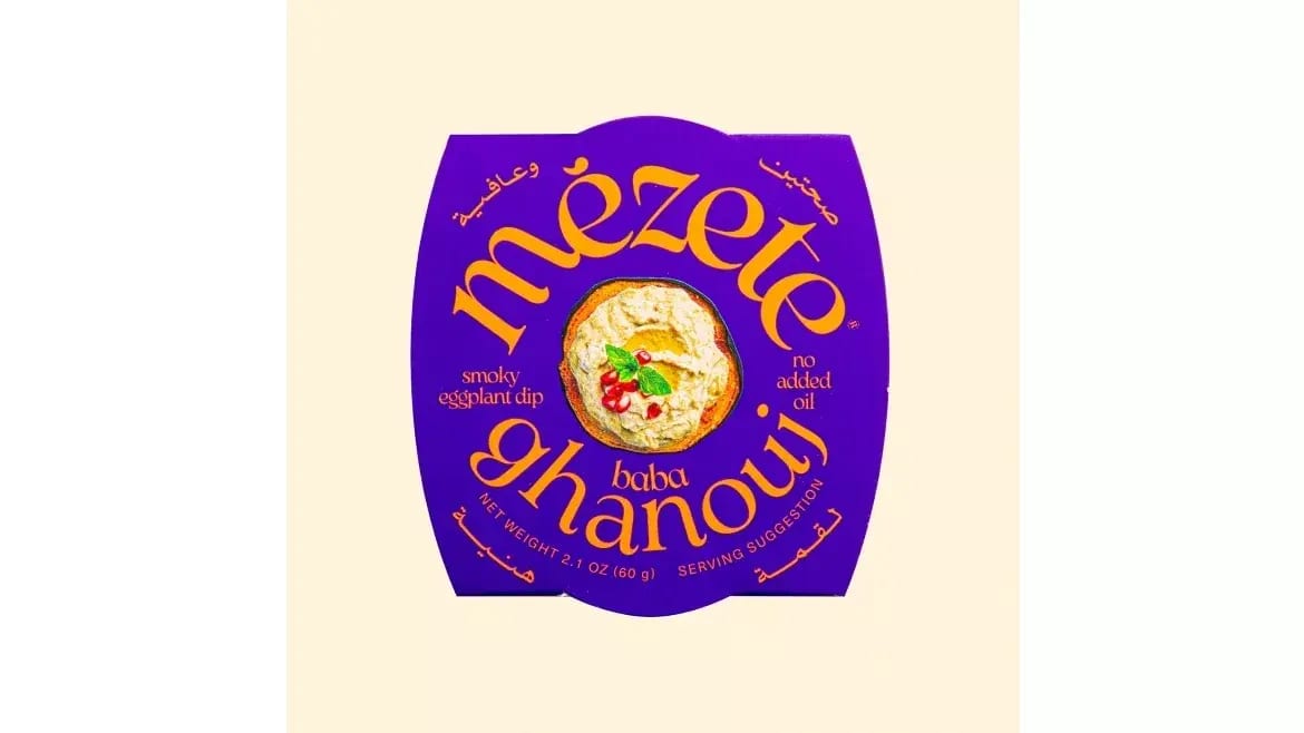 Purple Mézete Baba Ghanouj smoky eggplant dip label, showing the dip, "no added oil", 2.1 oz (60g).