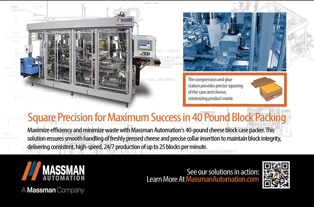 An industrial machine for packaging cheese blocks, with details on its precision and efficiency for 24/7 production.