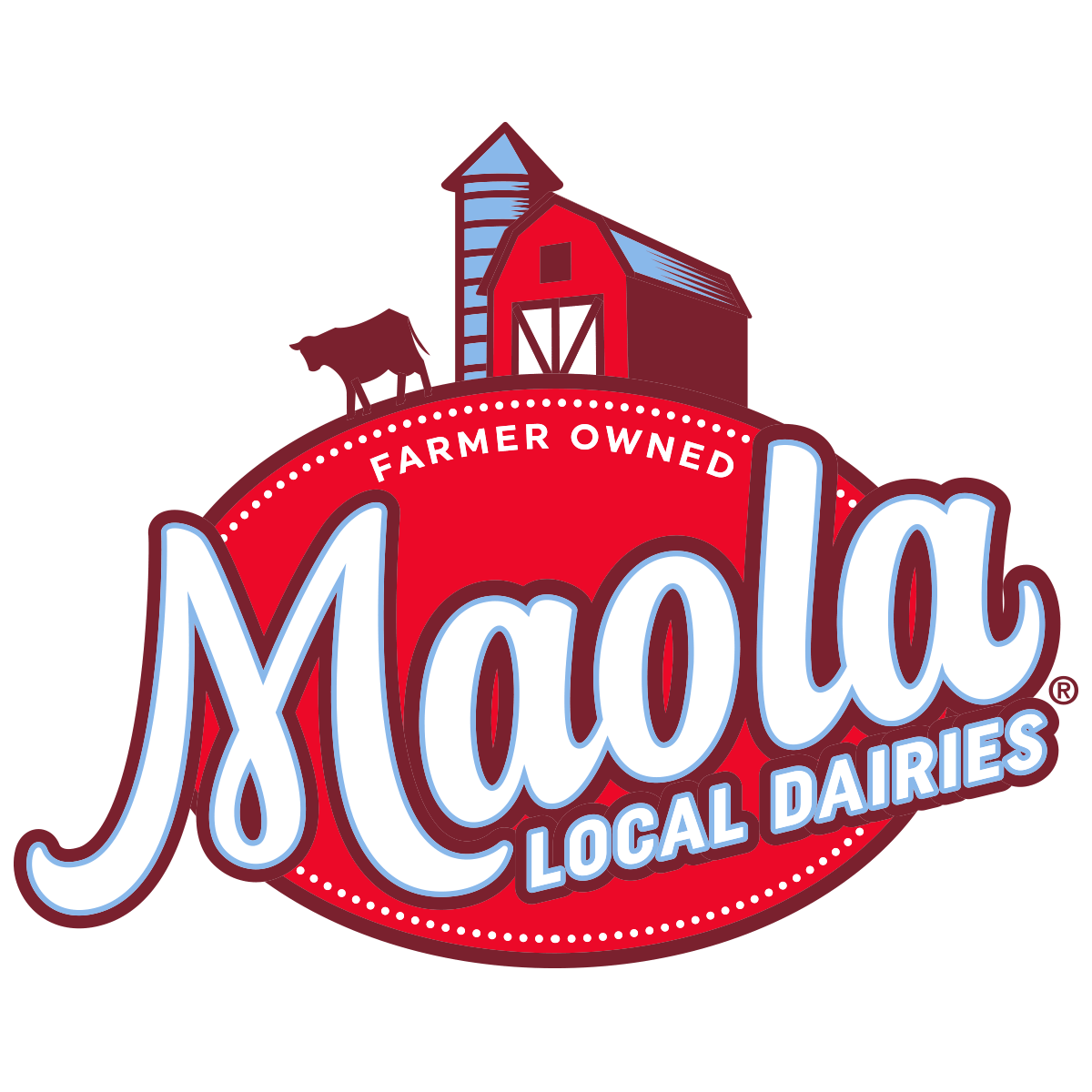 Logo for Maola Local Dairies, featuring a red barn, silo, and cow above the stylized text "Maola", with "FARMER OWNED" and "LOCAL DAIRIES" on a red oval background.