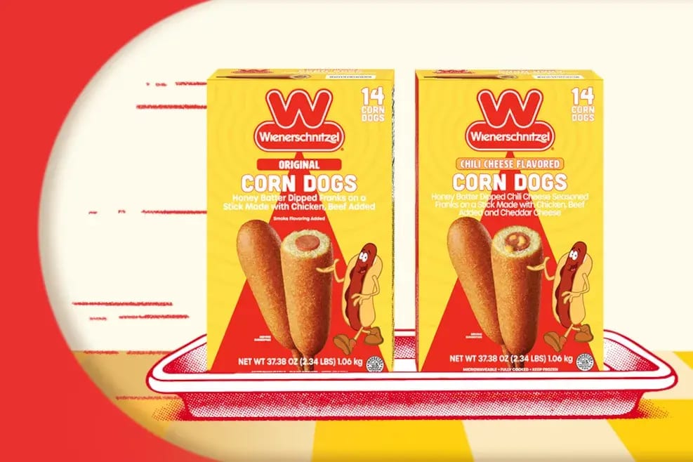 Two boxes of Wienerschnitzel Original and Chili Cheese Corn Dogs, 14 per box.