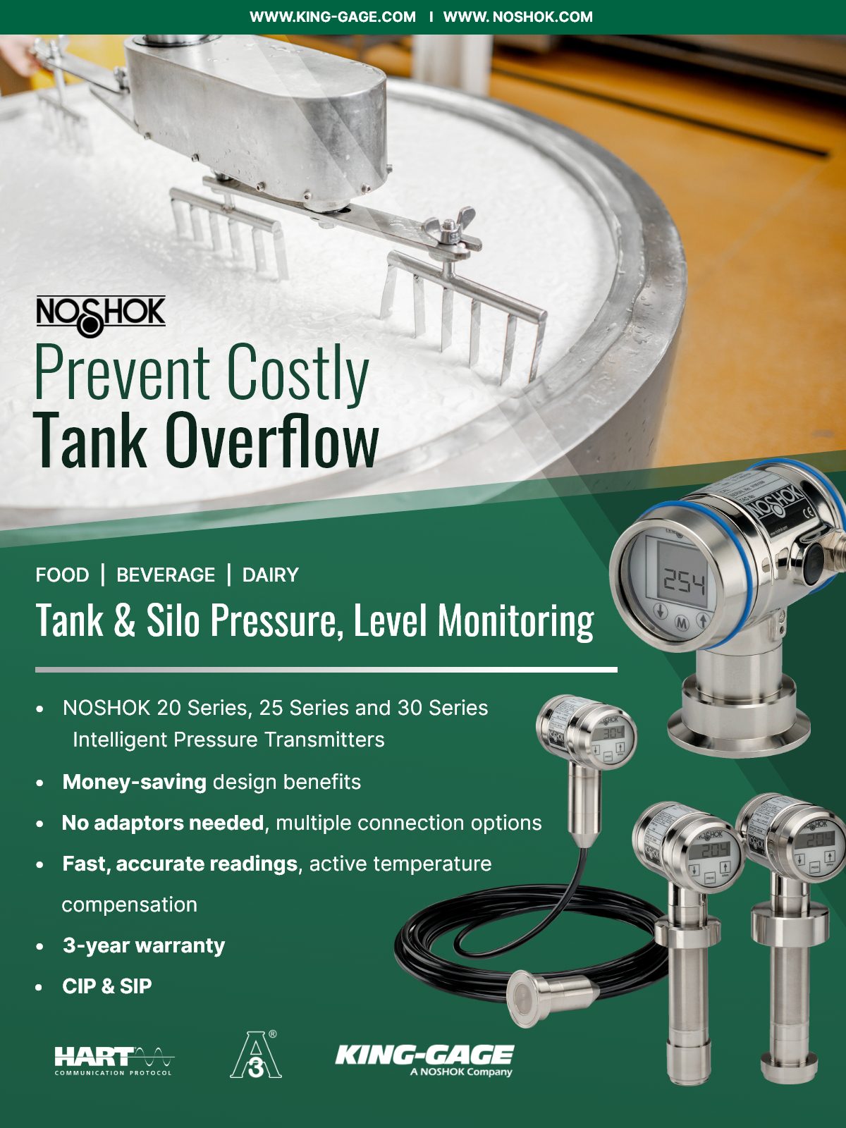 NOSHOK tank overflow prevention and pressure/level monitoring systems for food/dairy.