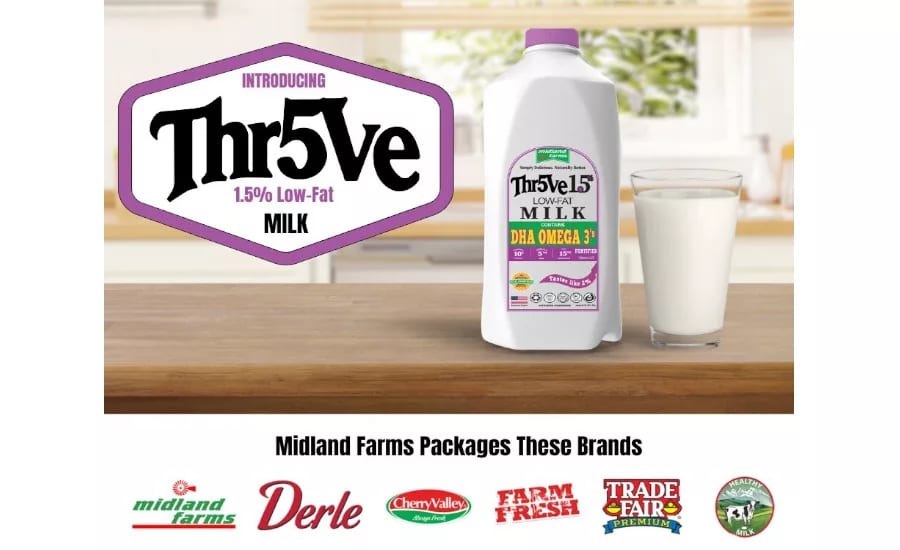 Midland Farms ad: Thr5ve 1.5% Low-Fat Milk carton & glass, plus other brands.