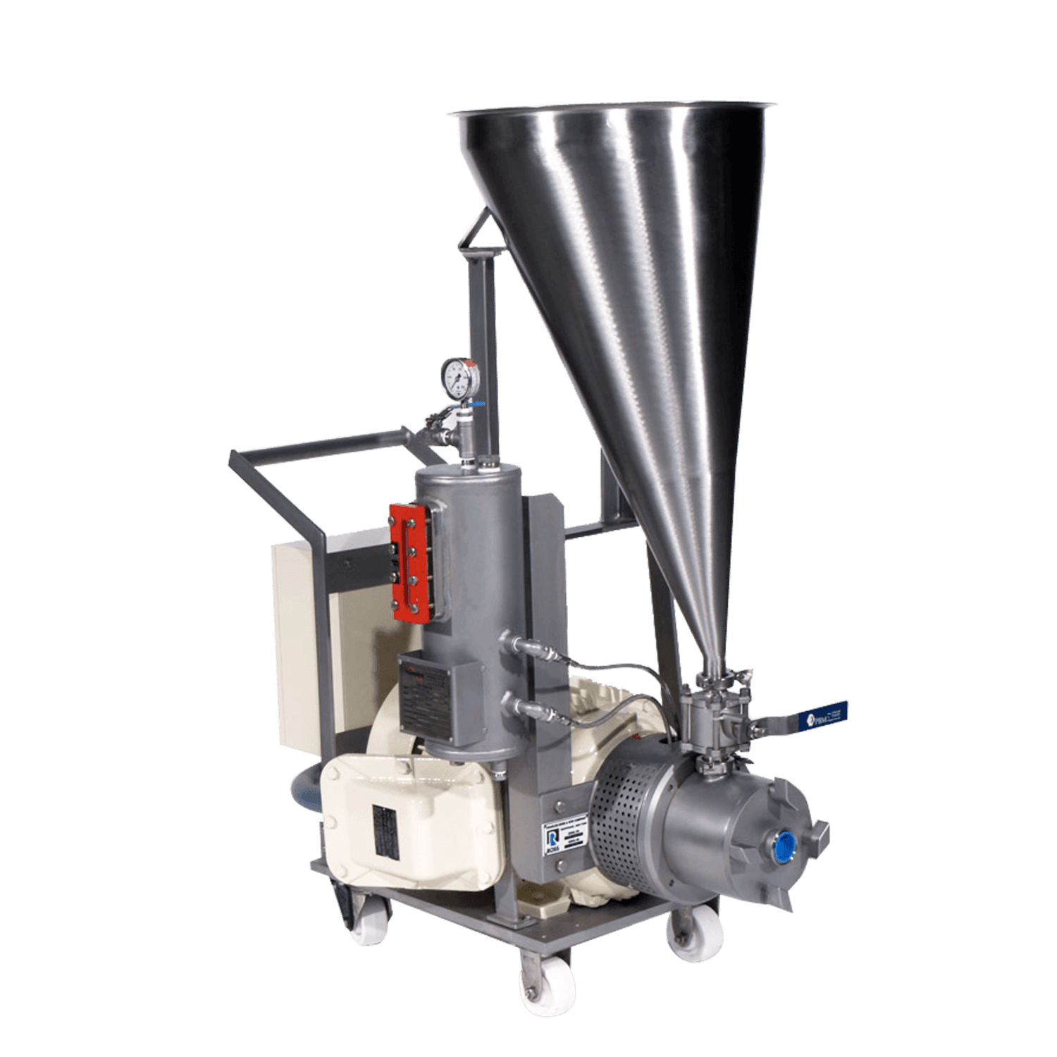 Industrial processing machine with large conical stainless steel hopper, mounted on wheels.