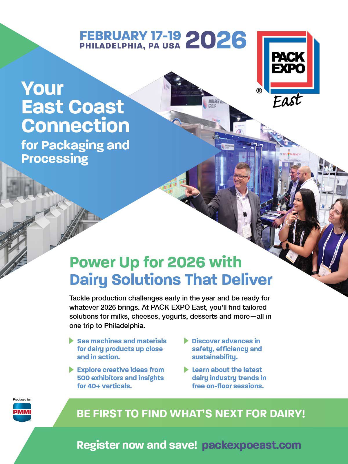Ad for PACK EXPO East 2026 in Philadelphia, highlighting dairy packaging and processing solutions.