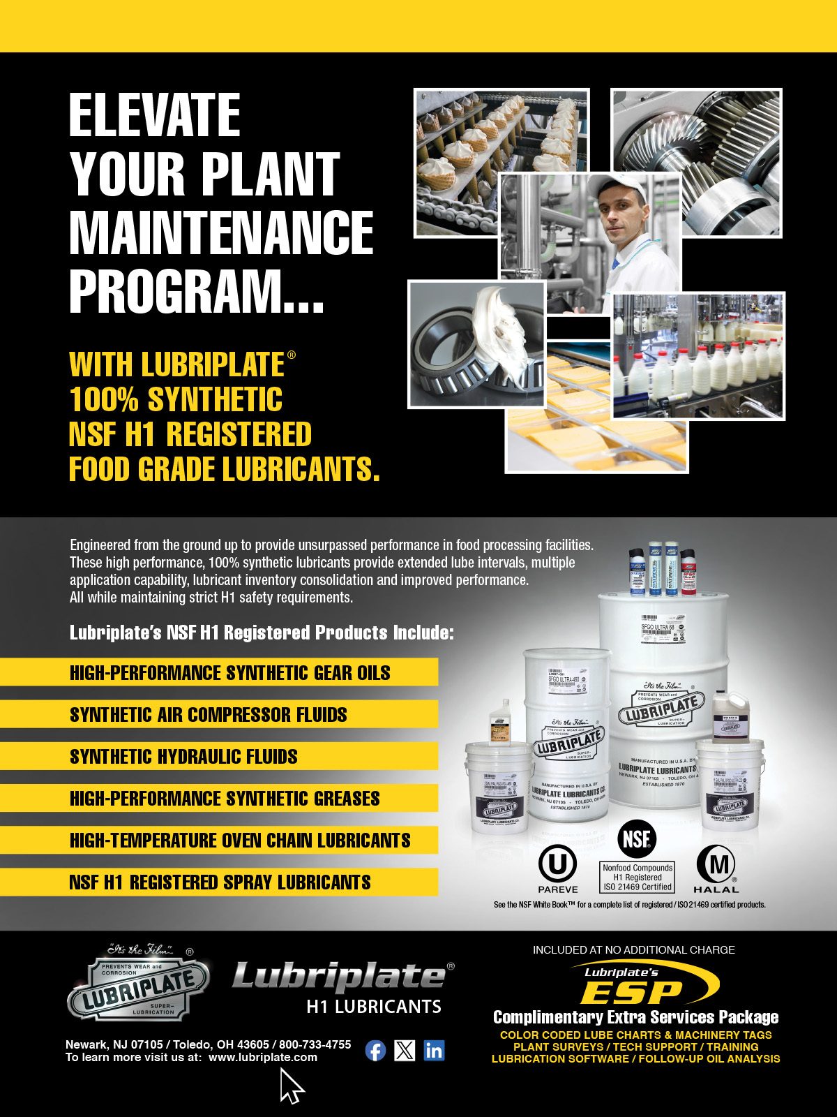 Ad for Lubriplate synthetic NSF H1 registered food grade lubricants for plant maintenance.
