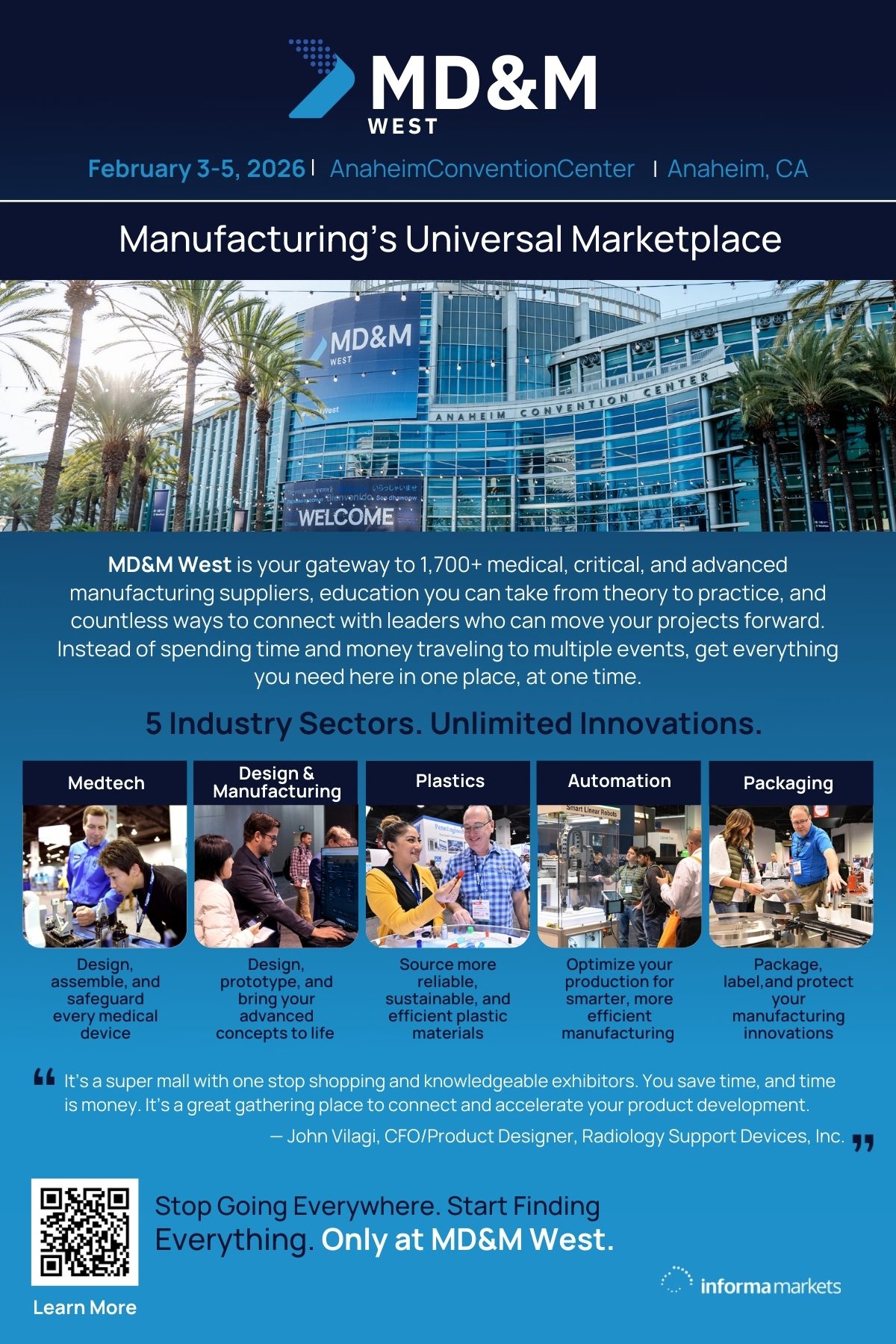Advertisement for MD&M West, a universal manufacturing marketplace event in Anaheim, Feb 3-5, 2026.