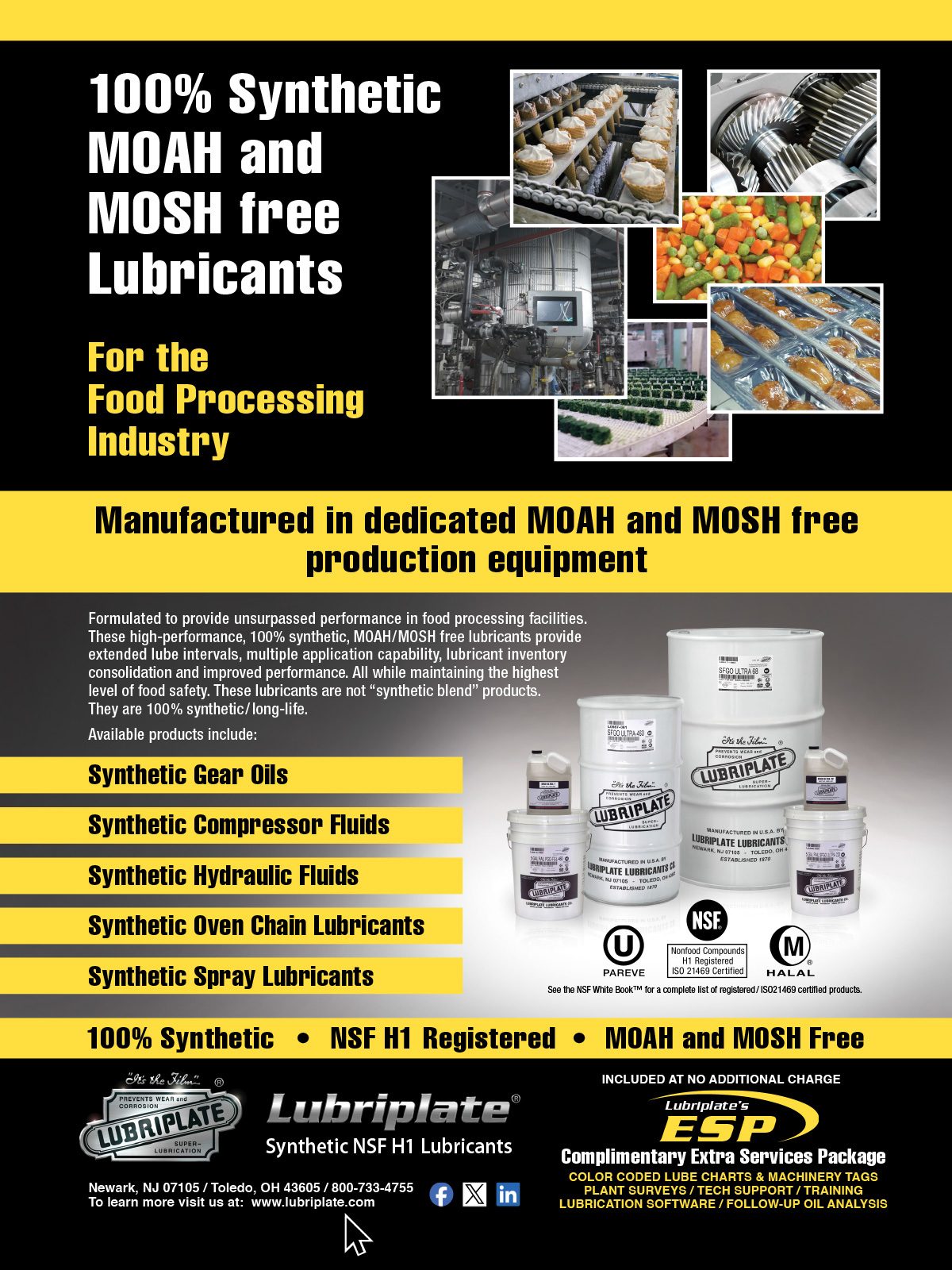 Ad for Lubriplate 100% Synthetic, MOAH/MOSH free lubricants for food processing, showing products and facility images.