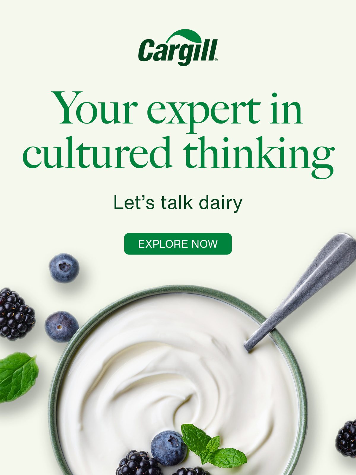 Cargill ad: "Your expert in cultured thinking. Let's talk dairy." Yogurt bowl with berries.