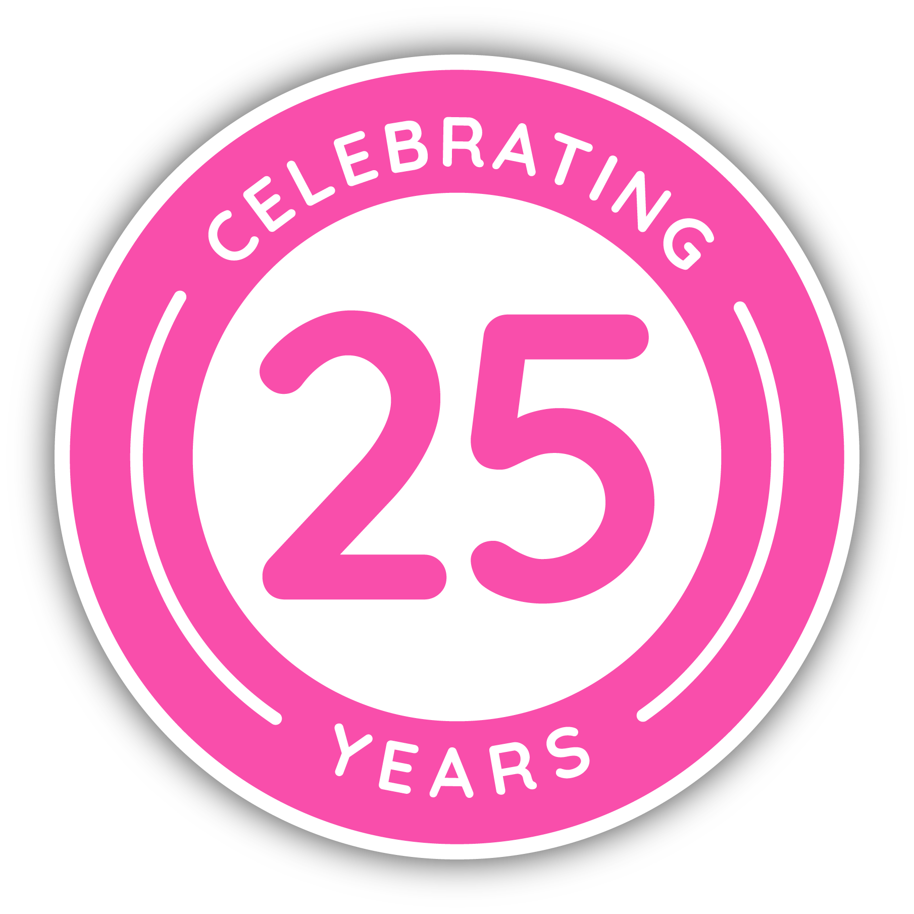 Pink and white circular logo celebrating 25 years.