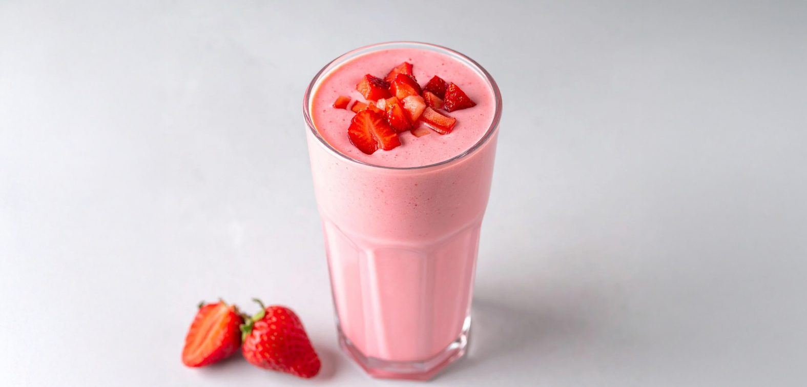 Pink strawberry smoothie in a glass with chopped strawberries on top, two fresh strawberries beside it.