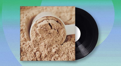 Album cover featuring a scoop of protein powder next to a vinyl record on a green and blue background.