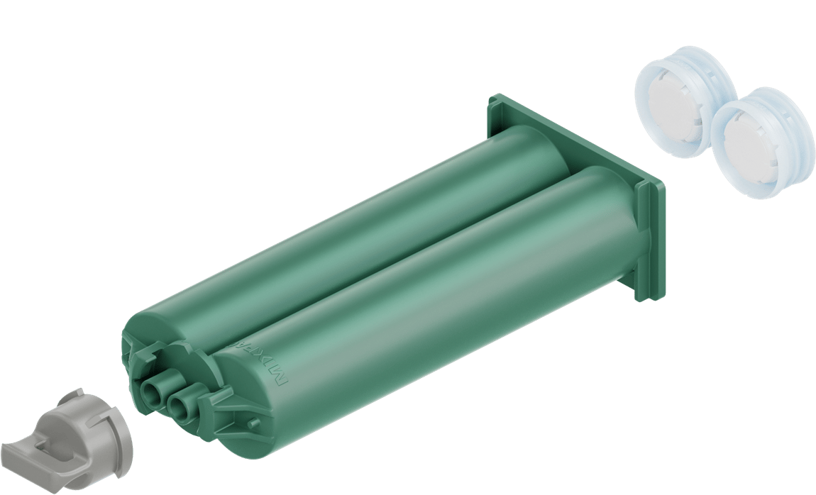 A green two-part cartridge, with a separate mixing nozzle and two clear end caps.