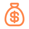 Orange outline of a money bag with a dollar sign symbol inside.
