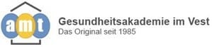 Logo for Gesundheitsakademie im Vest, featuring 'amt' in connected circles and the tagline 'Das Original seit 1985'.
