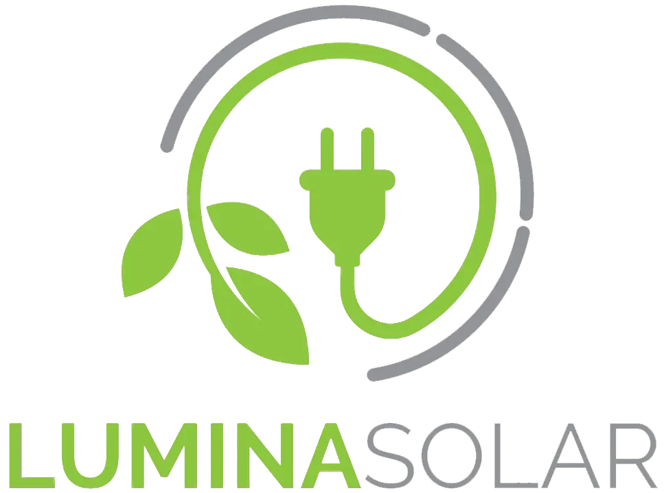 Logo for LUMINASOLAR featuring a green plug, leaves, and circular arcs, representing renewable energy.