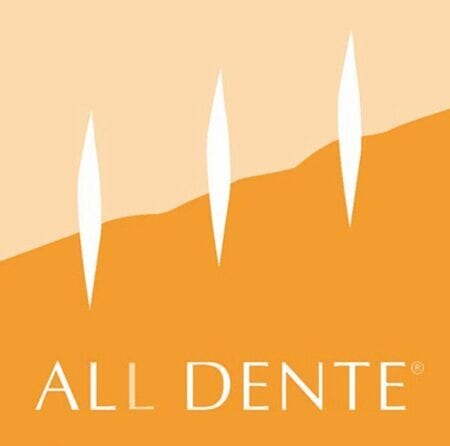 Logo for All Dente featuring three white, pointed shapes on an orange background with the brand name.