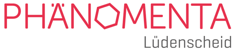 Logo for PHÄNOMENTA Lüdenscheid, featuring the name in pink on top and the city in gray below, all on a black background.