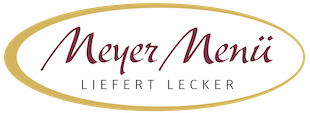 Logo for Meyer Menü, a German food delivery service, featuring elegant script text "Meyer Menü" and "LIEFERT LECKER" tagline within a gold-bordered oval.