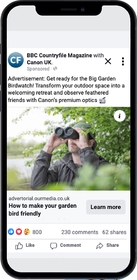 Facebook ad on phone: birdwatching with Canon optics, 'Learn more' button.