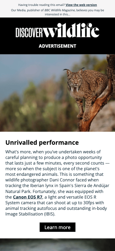 Discover Wildlife advertisement: Iberian lynx on a tree branch, promoting Canon EOS R7 camera.
