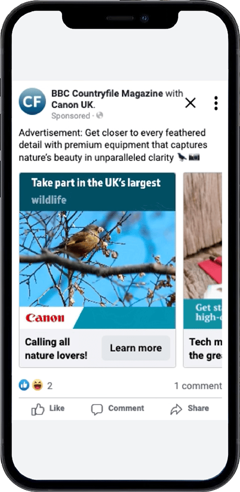 A smartphone shows a Facebook ad from BBC Countryfile & Canon UK, featuring a bird and wildlife photography.