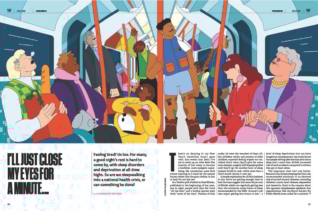 Illustration of tired people sleeping on a bus/subway, with an article about sleep deprivation.