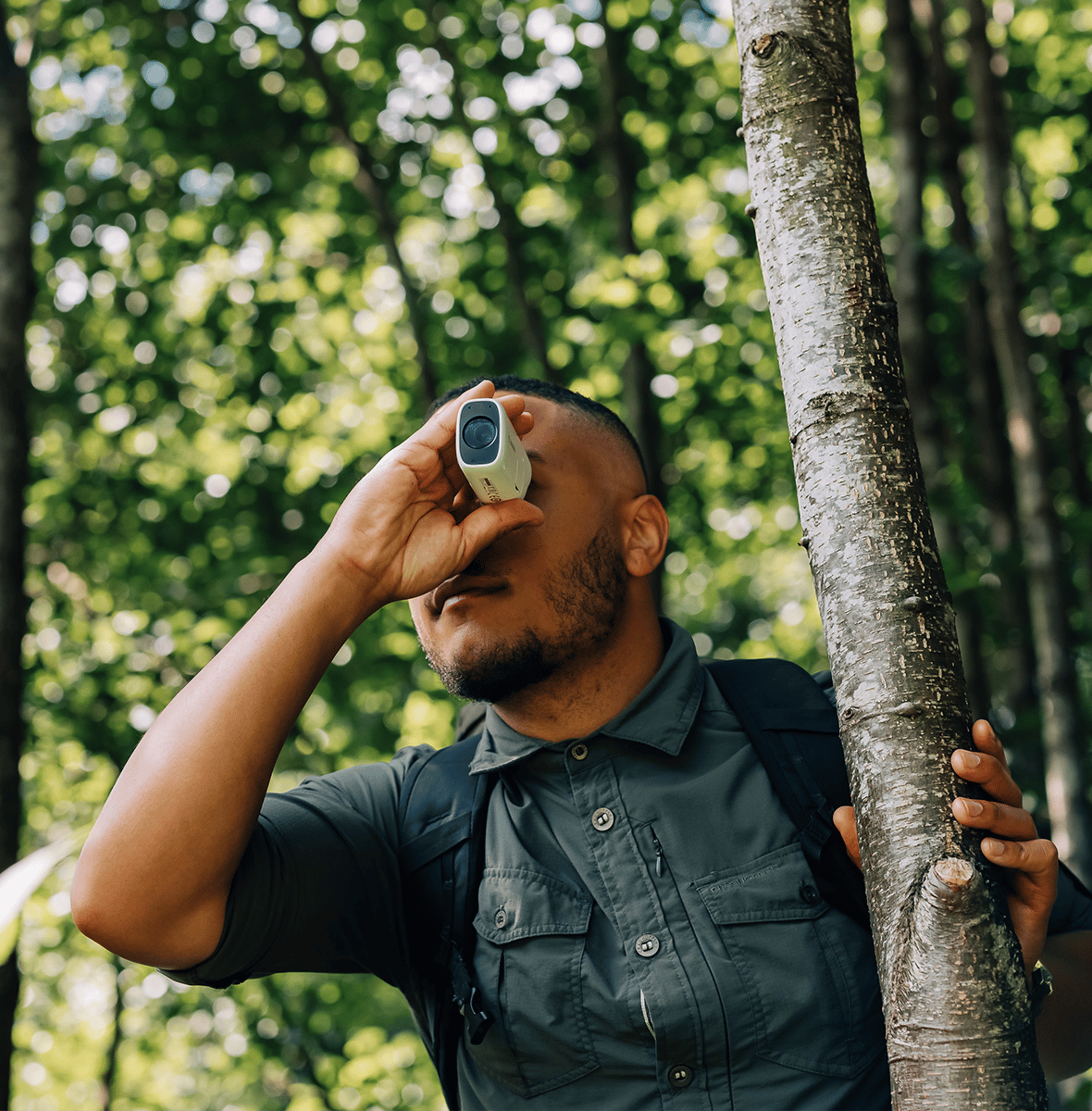 Man in a forest uses a white device, holding a tree trunk.