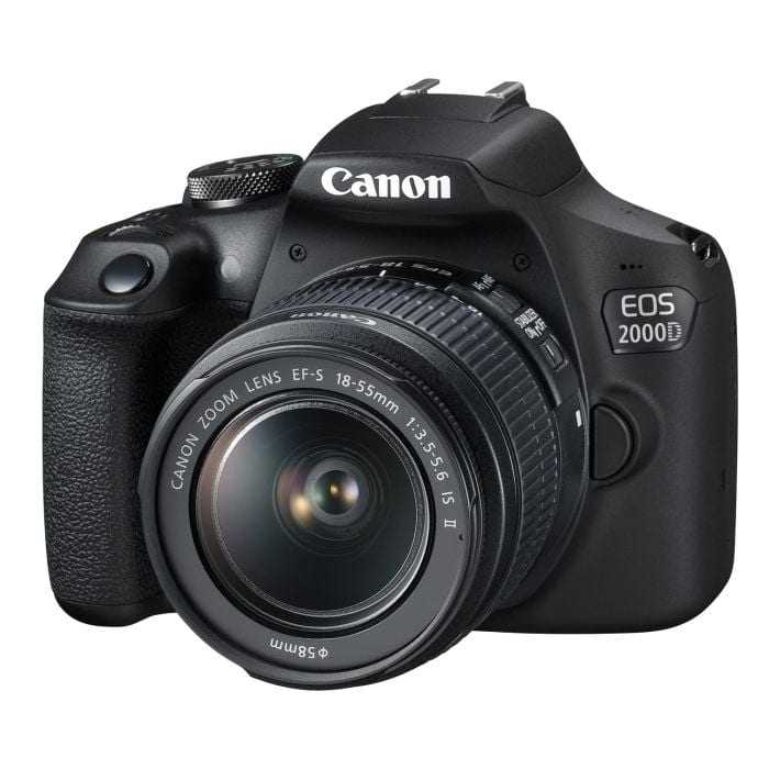 Black Canon EOS 2000D DSLR camera with an 18-55mm kit lens, angled view.