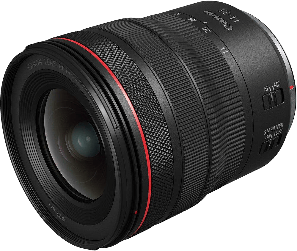 Canon RF 14-35mm L-series lens with AF/MF and stabilization controls.