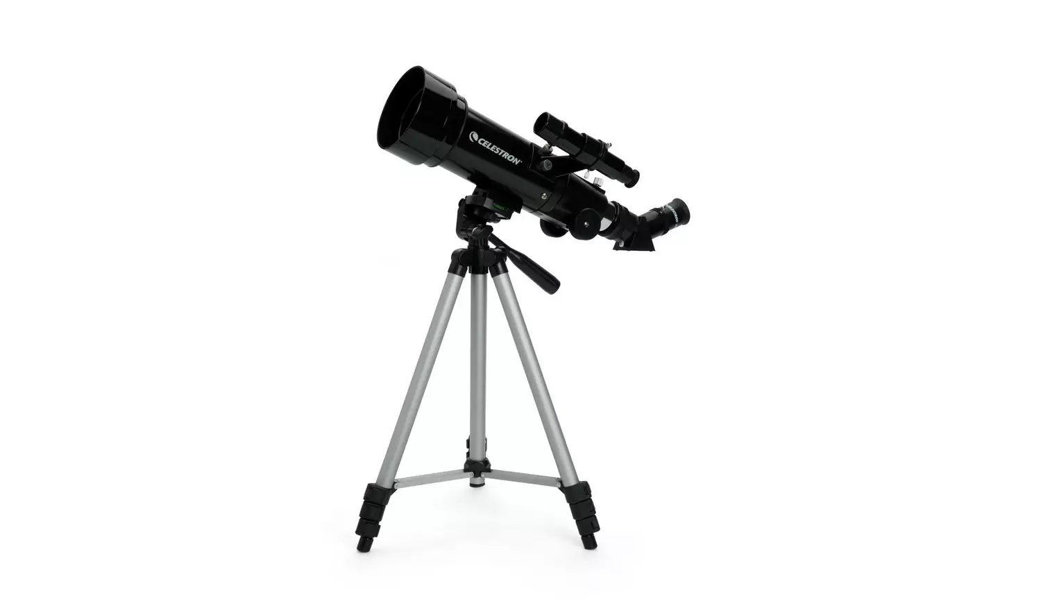 Black Celestron telescope on a silver tripod.