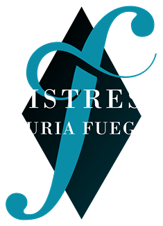 Logo for Mistress Furia Fuego: large, flowing turquoise 'f' on a dark diamond, with white text.