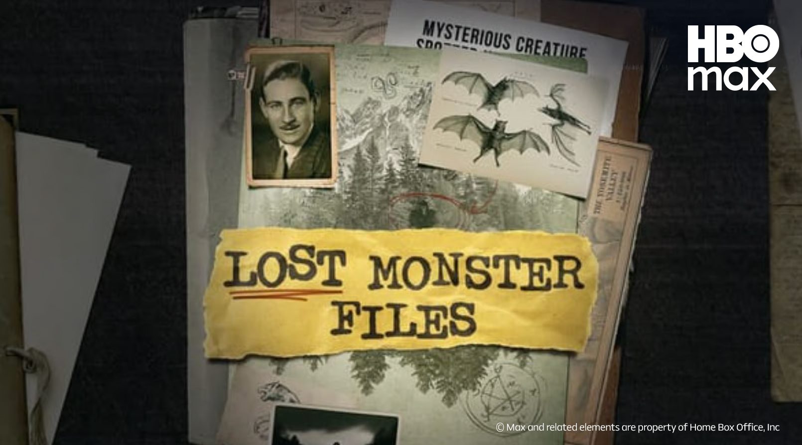 "LOST MONSTER FILES" title on a collage of vintage documents and photos, with HBO Max logo.