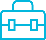 Blue outline icon of a toolbox or briefcase, symbolizing work, tools, or business.
