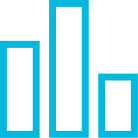 A blue bar graph icon with three bars of different heights on a dark green background.