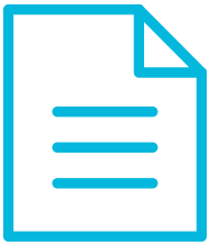 Blue outline icon of a document with a folded corner and three horizontal lines representing text.